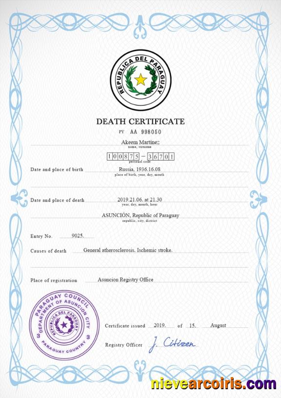 Paraguay vital record death certificate